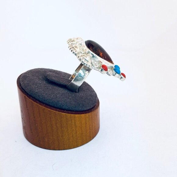 925 Sterling Silver Statement Ring Amber Turquoise Coral Inlay Size 8 Estate - Picture 2 of 11
